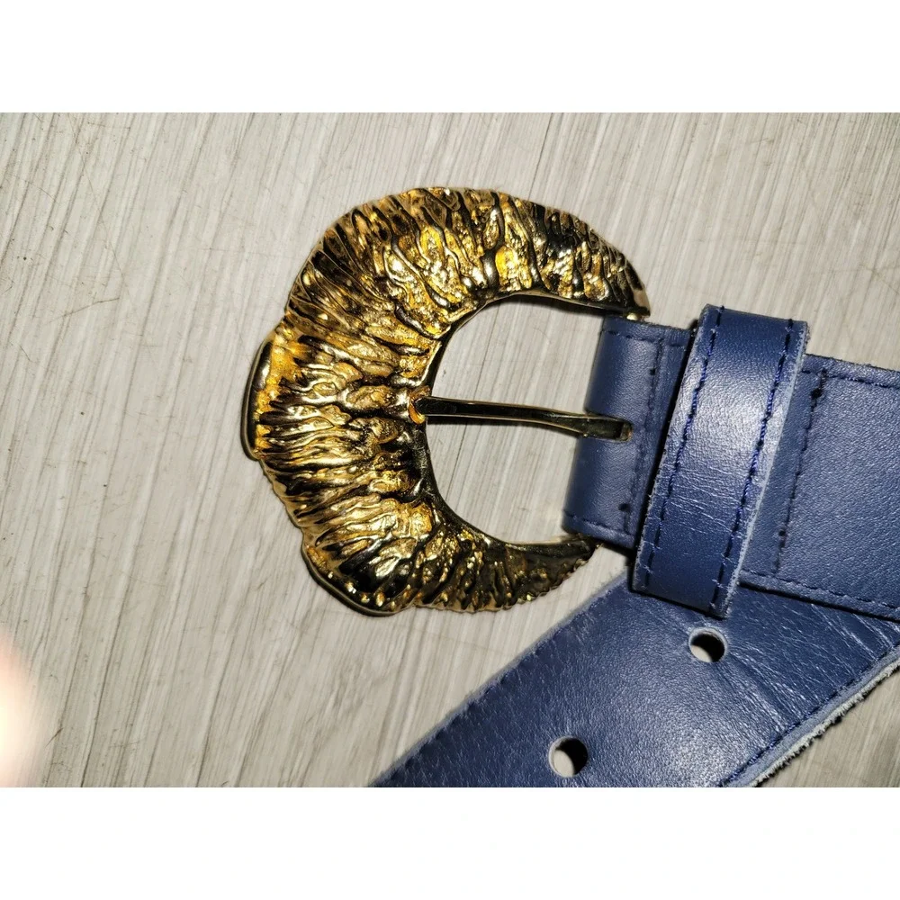 Vintage Navy Blue Genuine Leather Belt Gold‎ Textured Statement Buckle USA Small